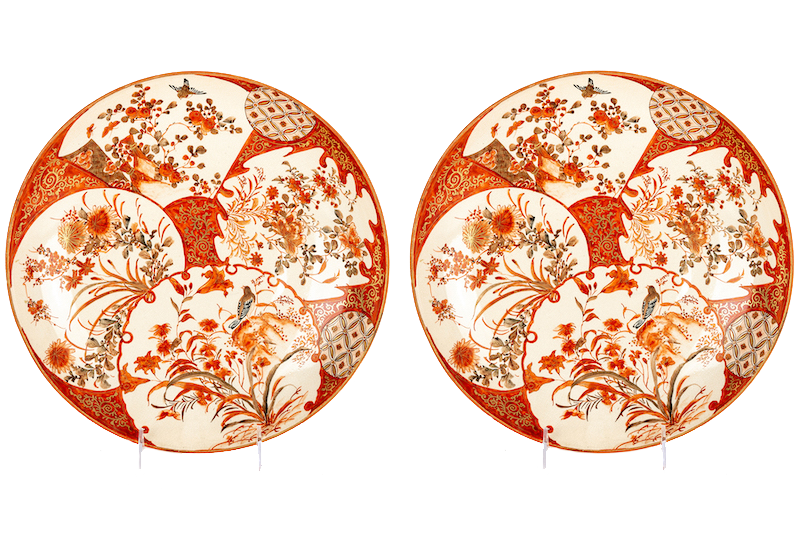 a pair of Japanese Kutani bowls in orange and cream palette